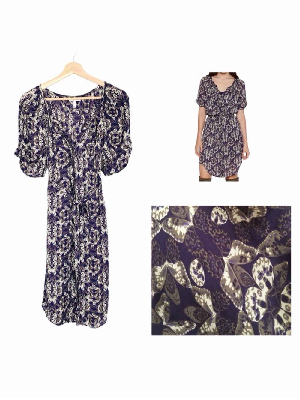 Joie Onalee Silk Dress Purple Butterfly Print Short Puffy Sleeves Size Large